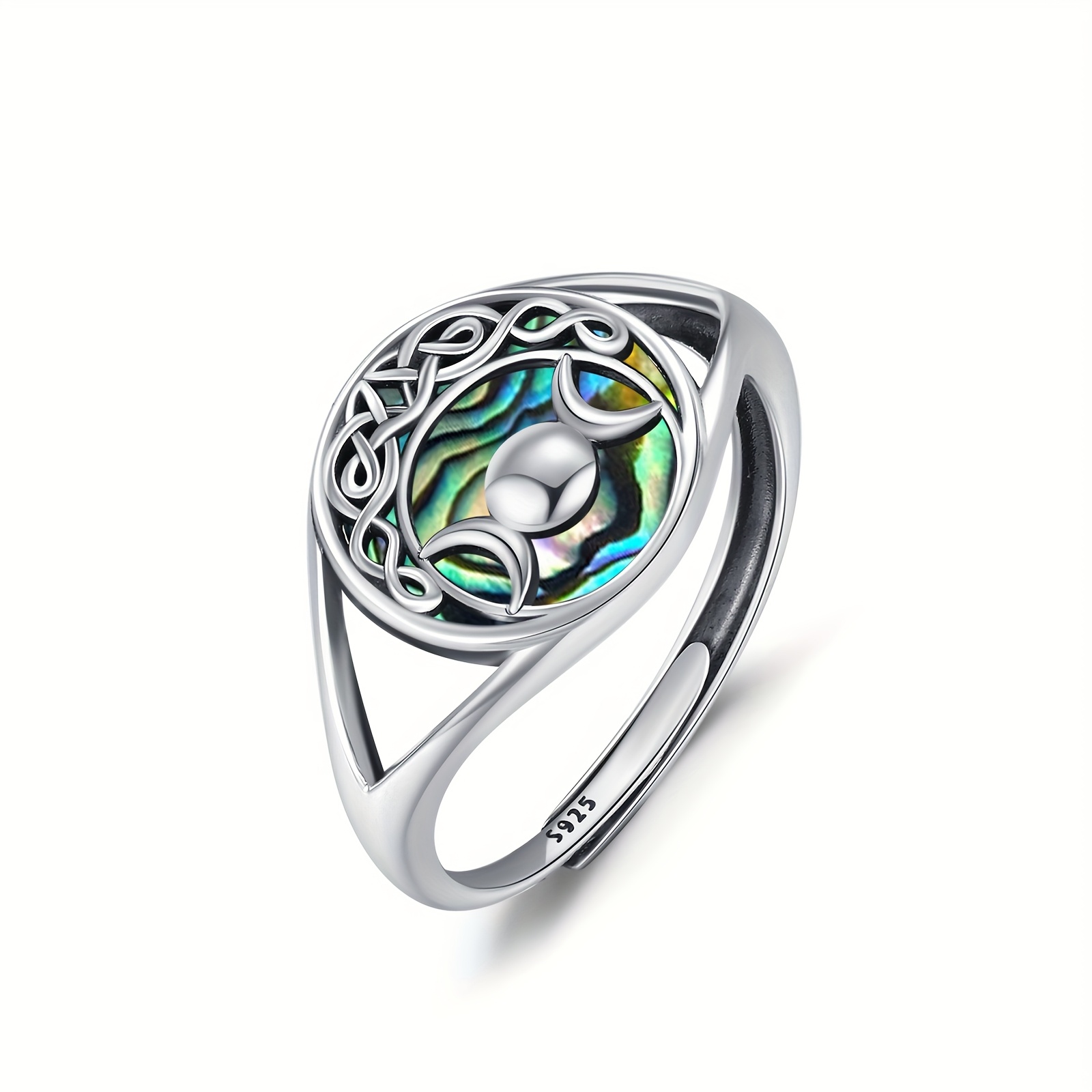Celtic Triple Moon Ring Abalone Shell Adjustable Amulet Ring