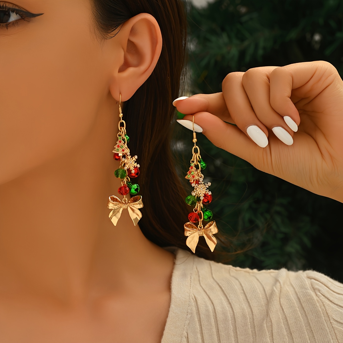 TEMU 1 Pair Of Christmas Gift Celebration Holiday Dangle Earrings Fashionable Christmas Element Combination Hanging Bells, Beads, Christmas Trees,