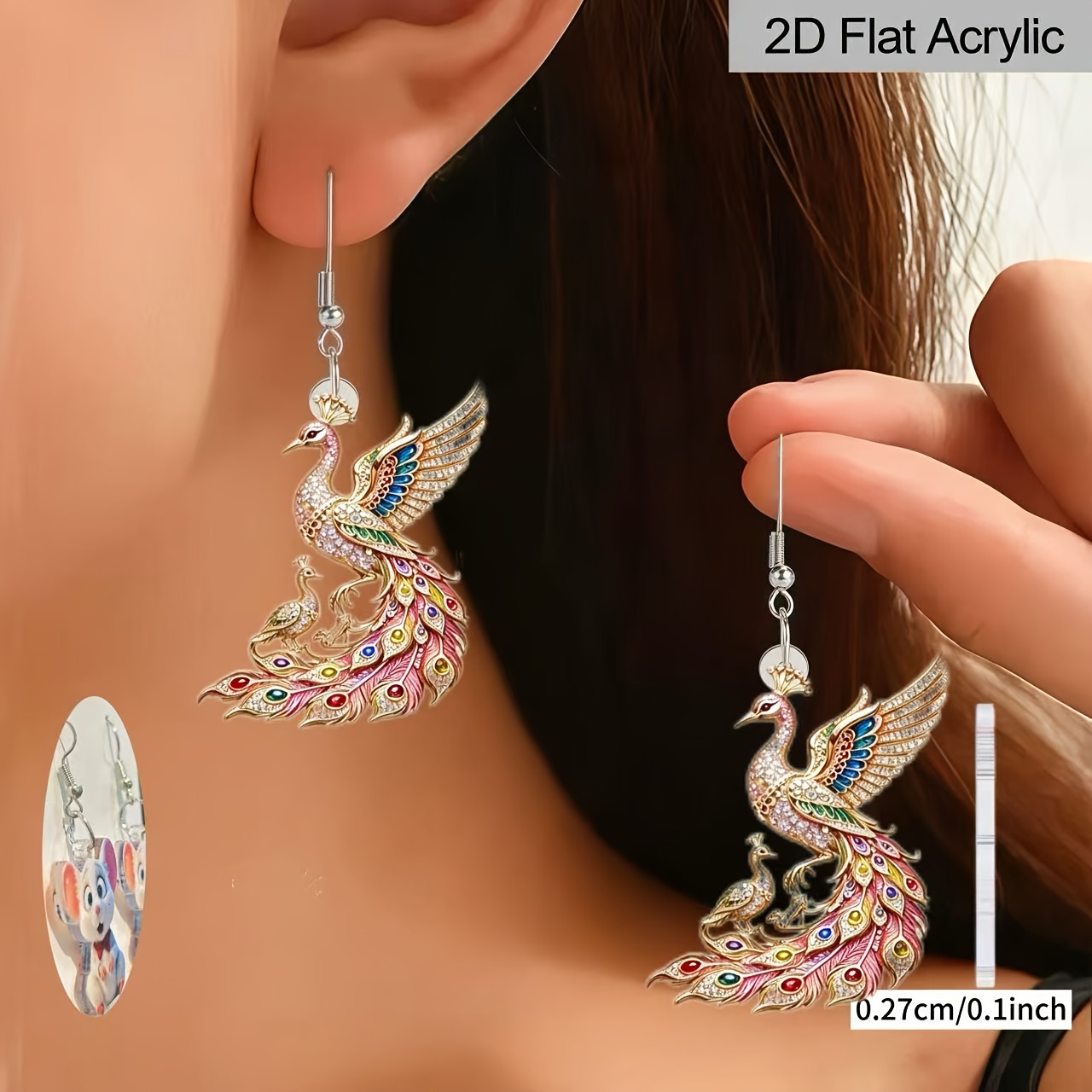 2D Flat Peacock Pattern Christmas Earrings with Charm Pendant