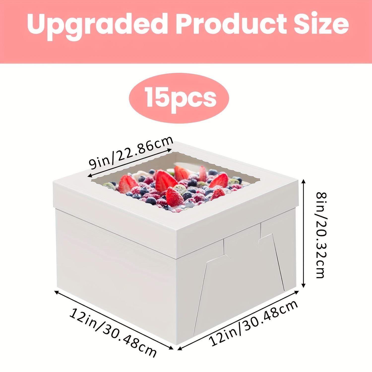 E-shop 15 Stück Kuchenboxen, 8x8x8/10x10x8/12x12x8 Zoll Hohe Kuchenbox, Weiße Quadratische Bäckereiboxen mit Fenster, Kuchenbehälter, Dessertkartons,