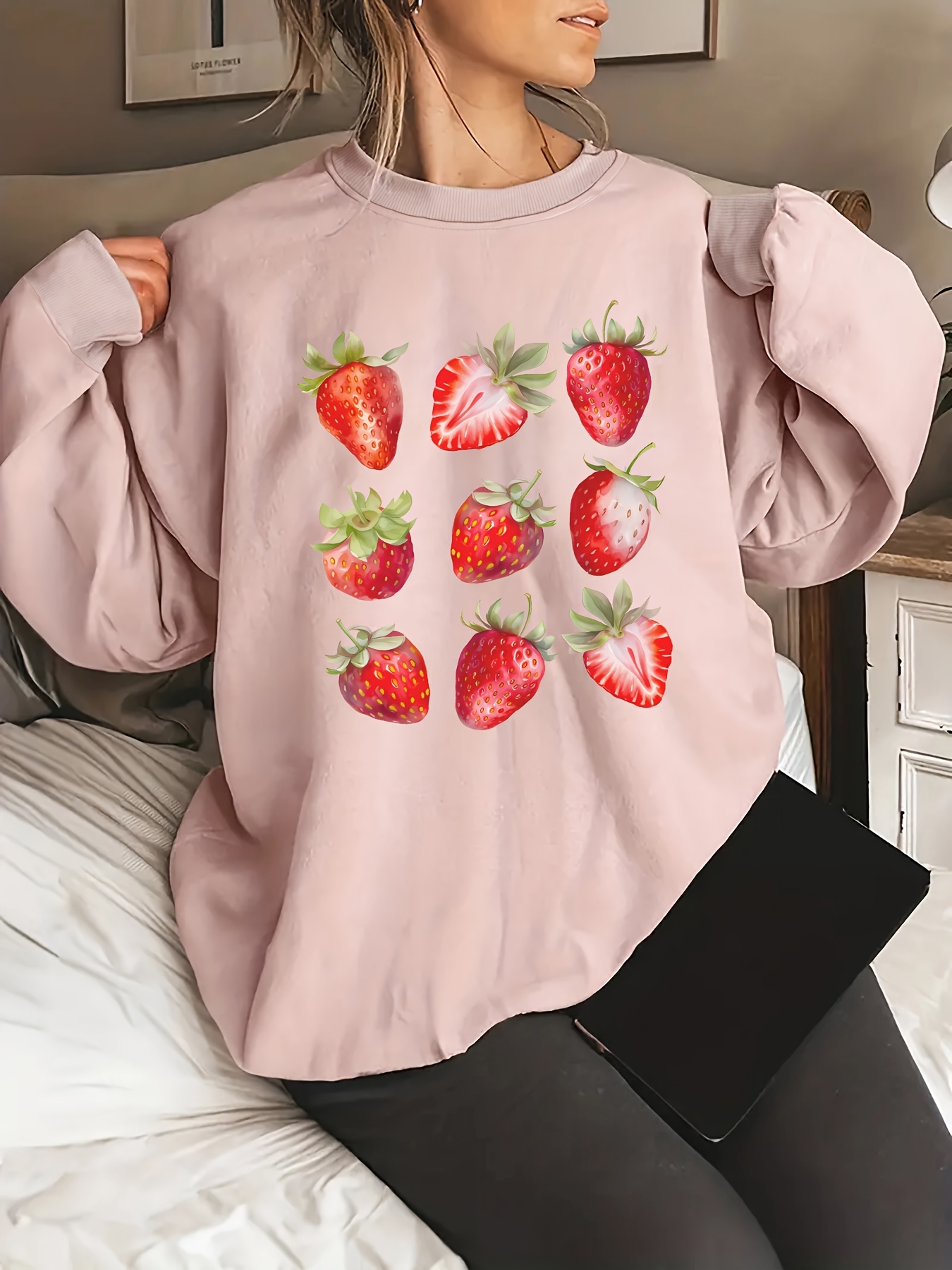 women's casual crew neck sweatshirt vibrant strawberry Temu Bahrain