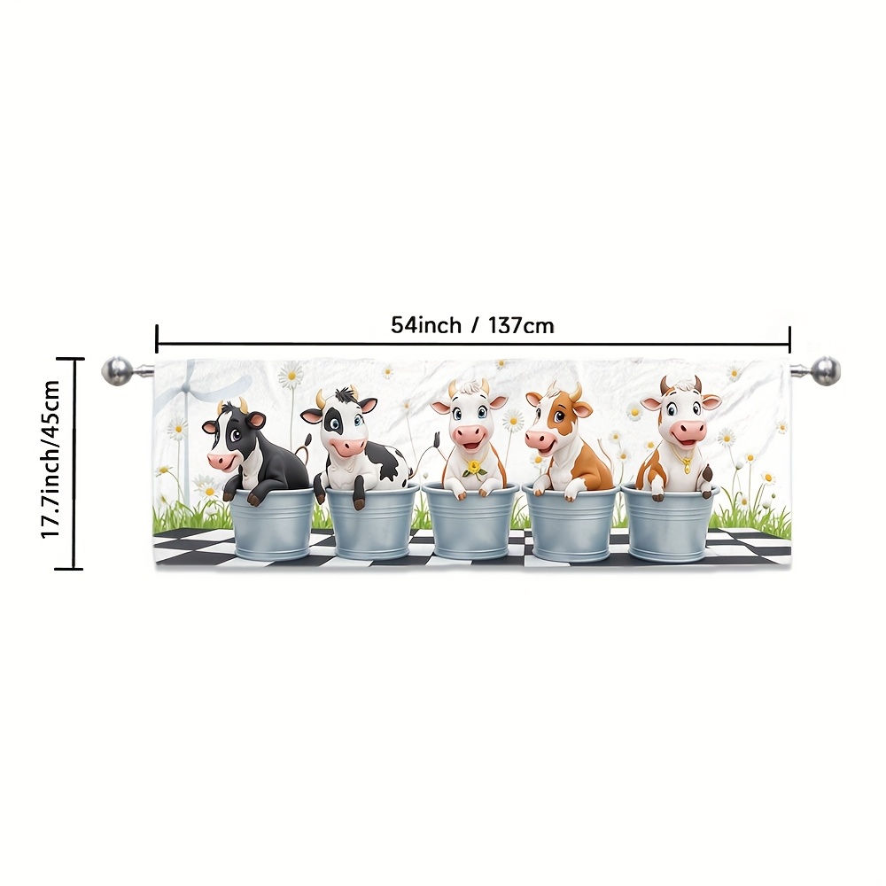 TEMU 1pc Cow Print Kitchen Curtain - Whimsical Cartoon Cows In Blue Pots Design, Light Filtering Polyester Fabric, Kitchen & Living Room Decor, Hand