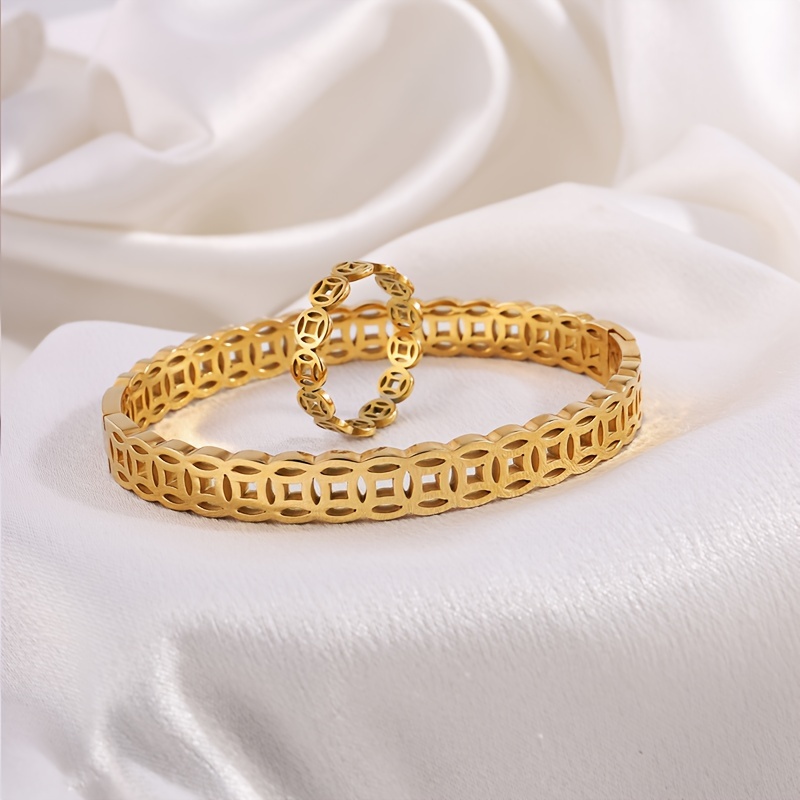 TEMU 2pcs Stainless Steel 18k Golden Plated Golden-plated Hollow Oval Bangle And Ring Set - Simple Vintage Design Suitable For Daily Wear - The Gift