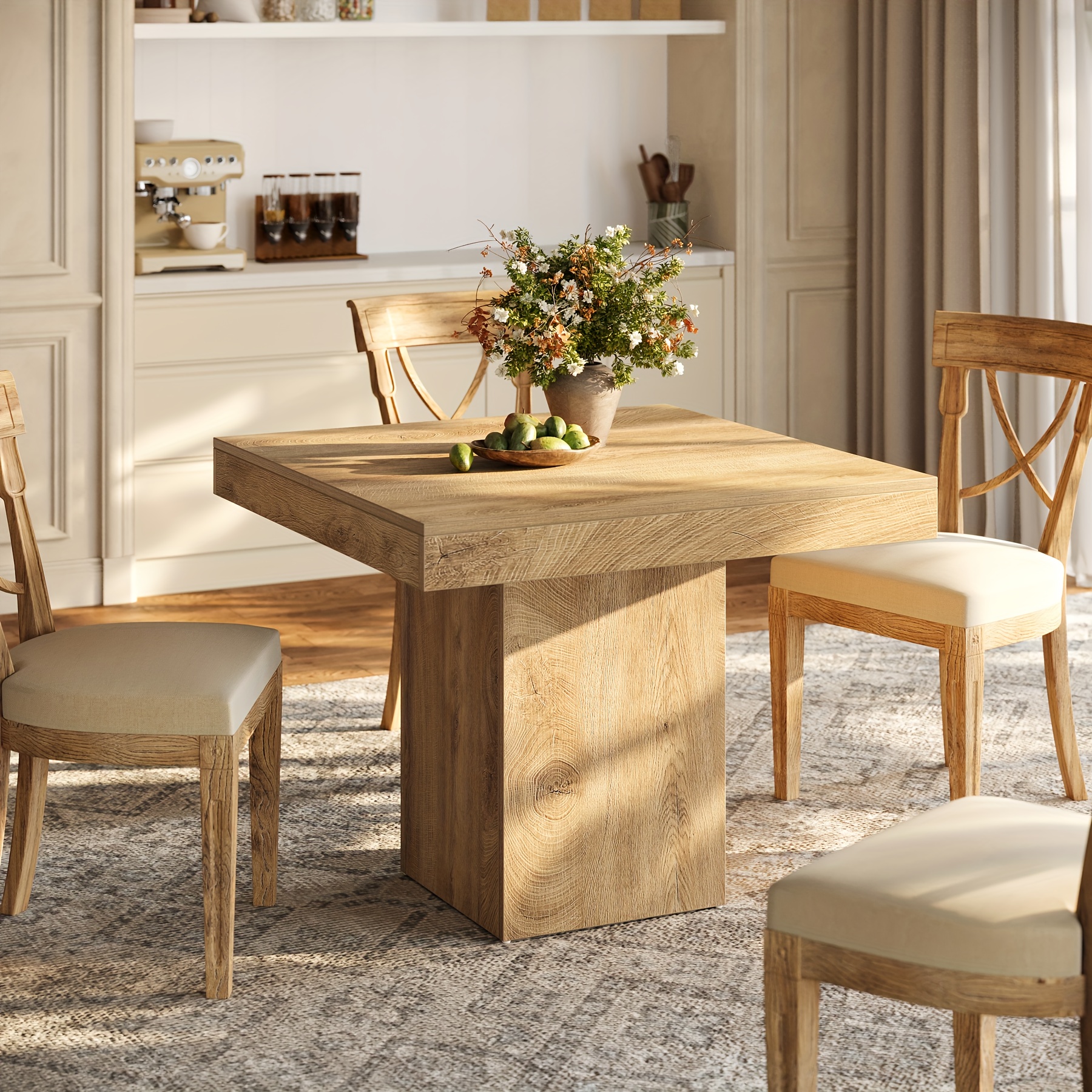 39-inch Square Dining Table For 4, Farmhouse Kitchen Dinner Eating Table With Sturdy Pedestal Base, Wooden Dining Room Furniture For Dining Room, Kitchen, Apartments, Natural
