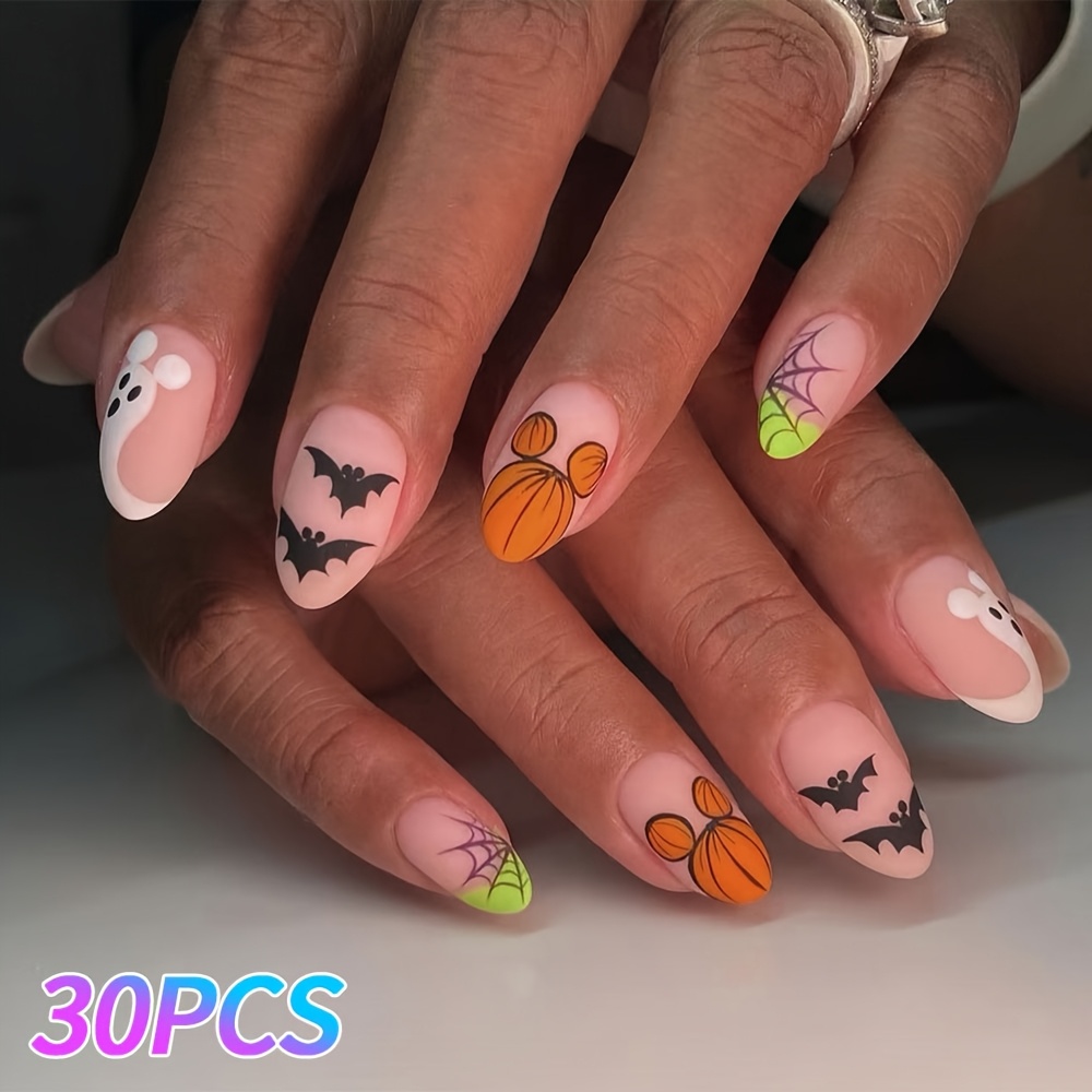 TEMU Press-on Nails, Medium Square Fake Nails For Women, Matte Nude Base With , Bat, Pumpkin & Web Pattern, Halloween Theme Reusable Nail Kit, 30pcs,