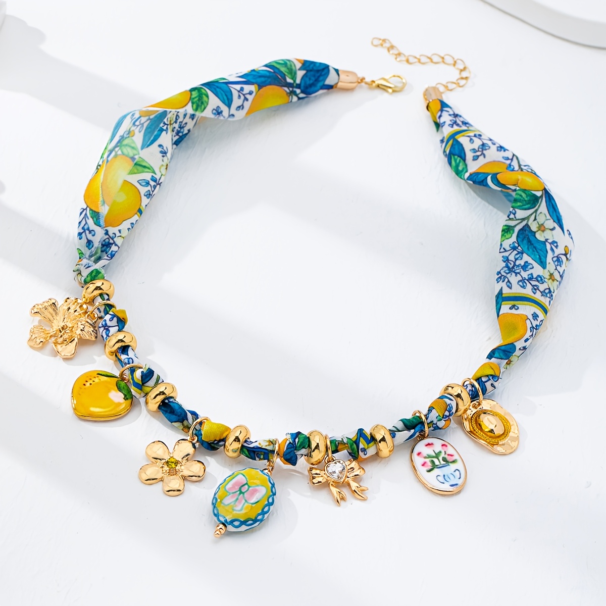 Image of 1pc Summer Bohemian Boho Scarf Necklace With Charms, Summer Fruit Lemon Strawberry Cherry Charm Necklaces Set, Tropical Style Vacation Jewelry For Women, Handmade Ceramic, Colors And Shapes May