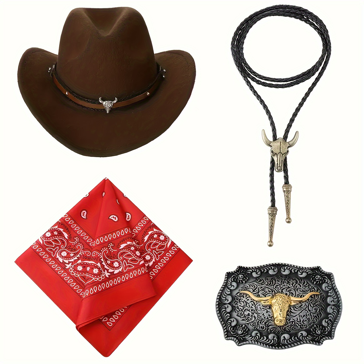 

4pcs/set Men's Cowboy Costume Set, Stylish Hat, Red Bandana, Necklace, Belt Buckle, Perfect For Stage Performances, Photography