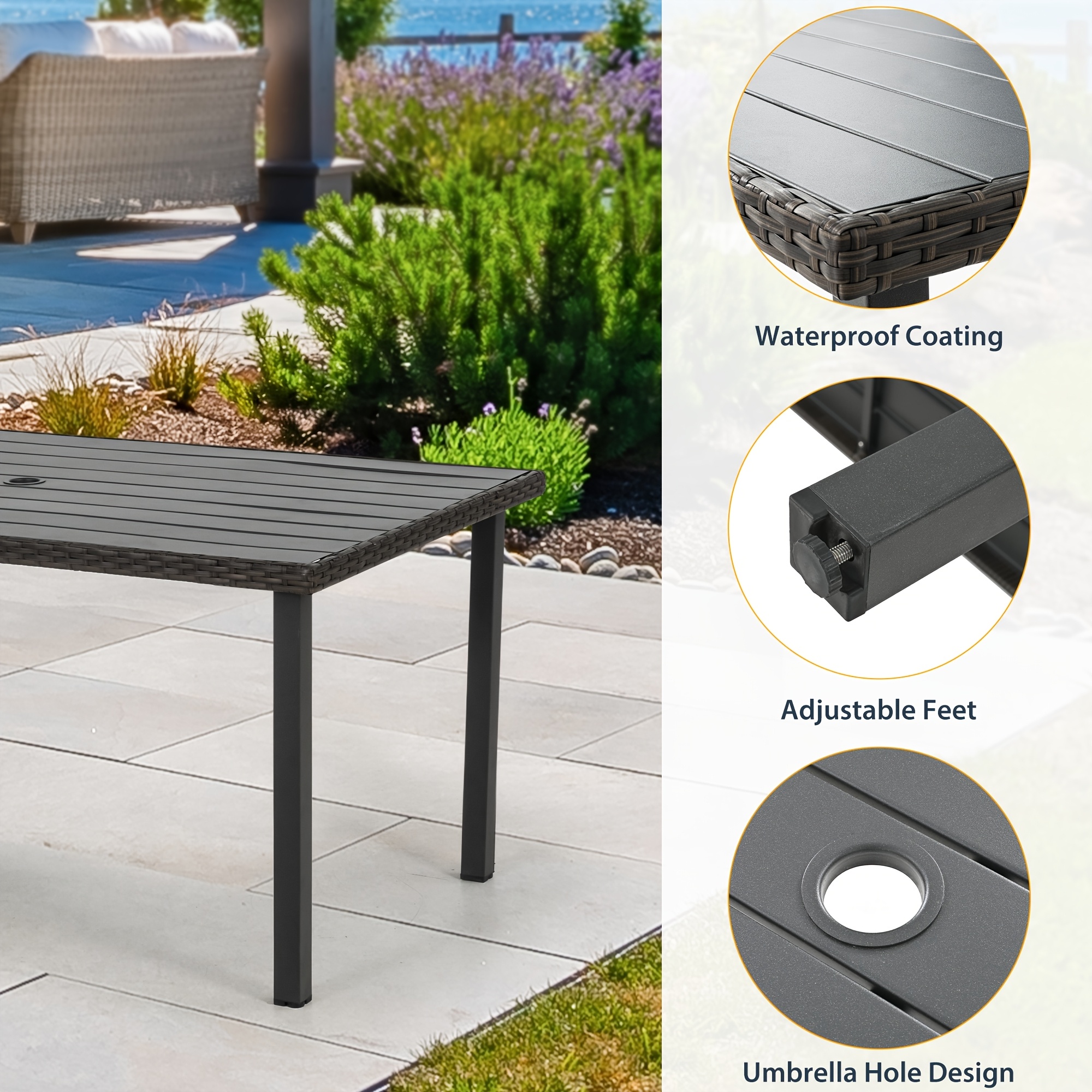 Patio 7pcs Patio Dining Set, All Weather PE Rattan Dining Table Set, Outdoor Dining Sets for 6, Metal Dining Table with Umbrella Hole & 6 Cushioned Chairs for Patio, Yard, Porch