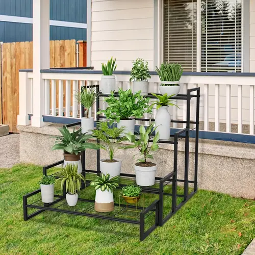 4 tier metal plant stand stackable and expandable heavy duty plant shelf for indoor and outdoor use multi tier flower pot holder tiered garden display rack for patio balcony and home decorater black