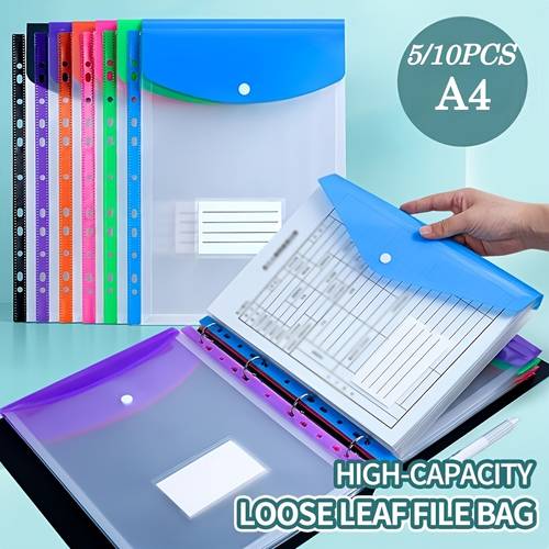 5/10 stück a4 loose-leaf-ordner mit 11-loch-ringbinder, pp-material, erweiterbare knopf- und etikettentaschen für schule, zuhause, büro, anwesenheitslisten, reisen - tragbares design, zufällige farben