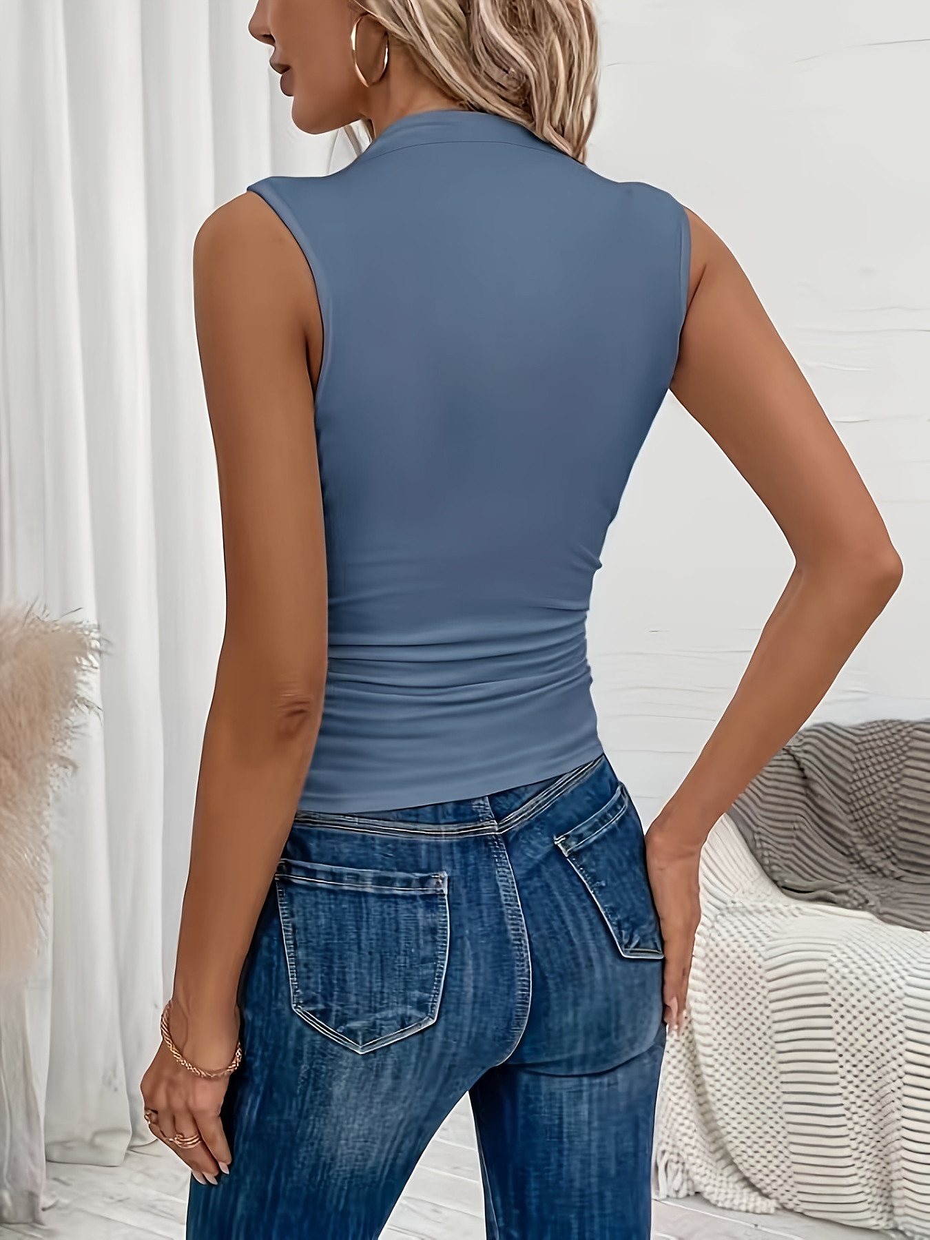 Women'S Elegant Sleeveless Vest - Vibrant Red with Ribbed Cuffs & Waist Detail, Stretchy Polyester Blend for Spring/Summer, Machine Washable, Casual Chic Style