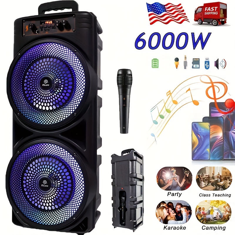 TEMU 6000w Dual 8-inch Wireless Wireless Speaker With Led Lights, , Remote Control & Microphone - Usb Rechargeable Portable For Camping, Vacations,