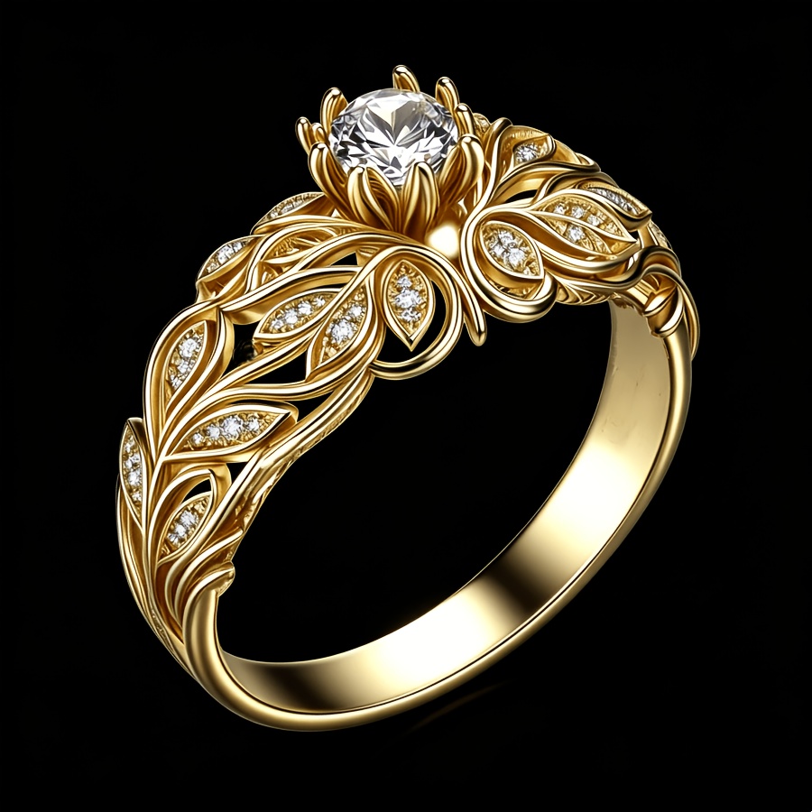 TEMU Bohemian-style Promise Ring With A Copper Leaf Design, Inlaid With Synthetic Synthetic Zirconia, Suitable For Daily Wear And Celebrations. An