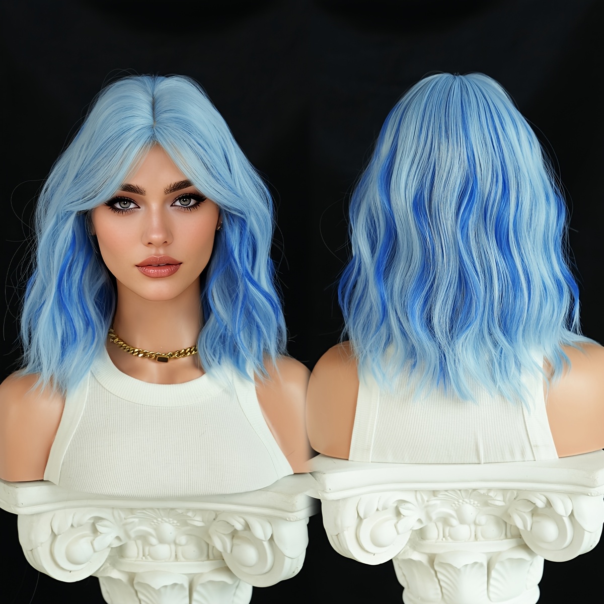 Image of 16 Inch Short Loose Wave Bob Wig Fluffy Highlight Blue Wigs For Women Synthetic Bob Wig With Bangs, -resistant Fiber, For Daily Party Wear, Festivals Cosplay Wig