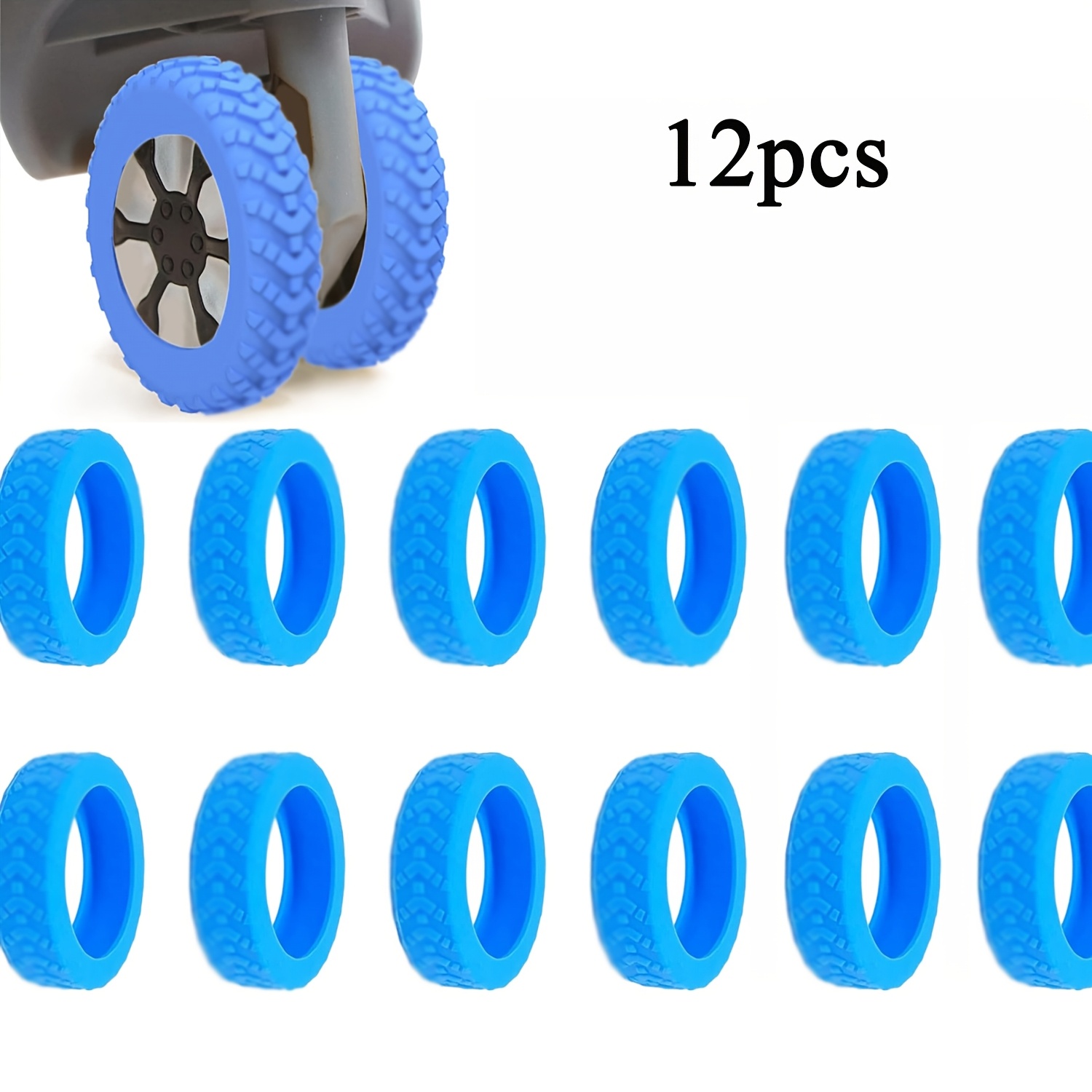 TEMU Lot de 12 housses de roue de bagage bleues/noires avec manchons en silicone absorbant les chocs, antidérapants et silencieux