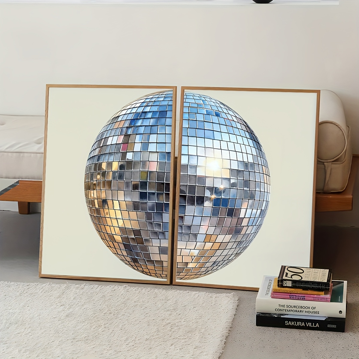 

Ensemble de 2 toiles murales décoratives pour chambre, design rétro boule disco, œuvre d'art décorative moderne, cadre pour salon et chambre à coucher