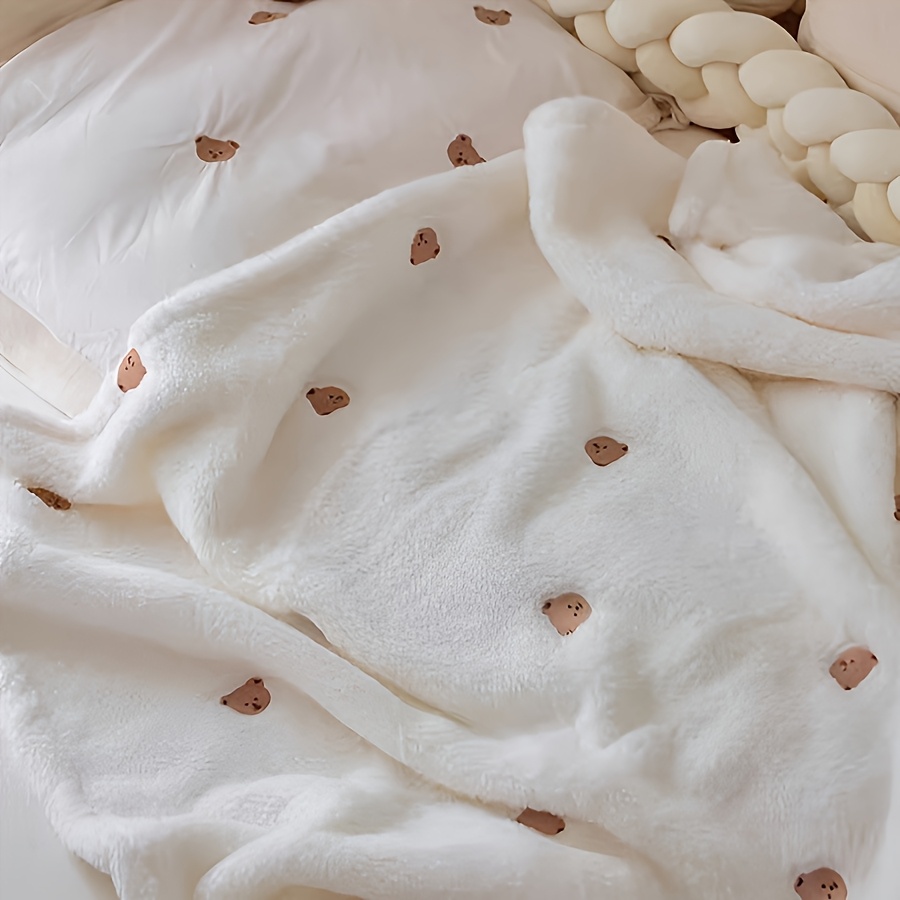 cozy   bear embroidered warm blanket soft polyester white details 2