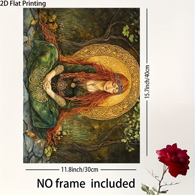 TEMU 2d Flat, 2d Flat, [2d Flat Prints] 1pc Frameless Canvas Art Poster, Celtic Goddess Wall Art - 11.75"x15.7", Retro Celtic Decorated Red-haired