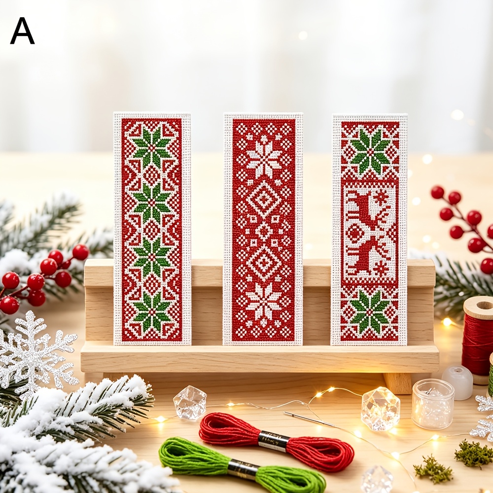 TEMU 3pcs Traditional Christmas Red And White Floral Cross- Bookmark Craft Kit - Beginner-friendly Counting Cross- Set For Adults - Unique Fabric