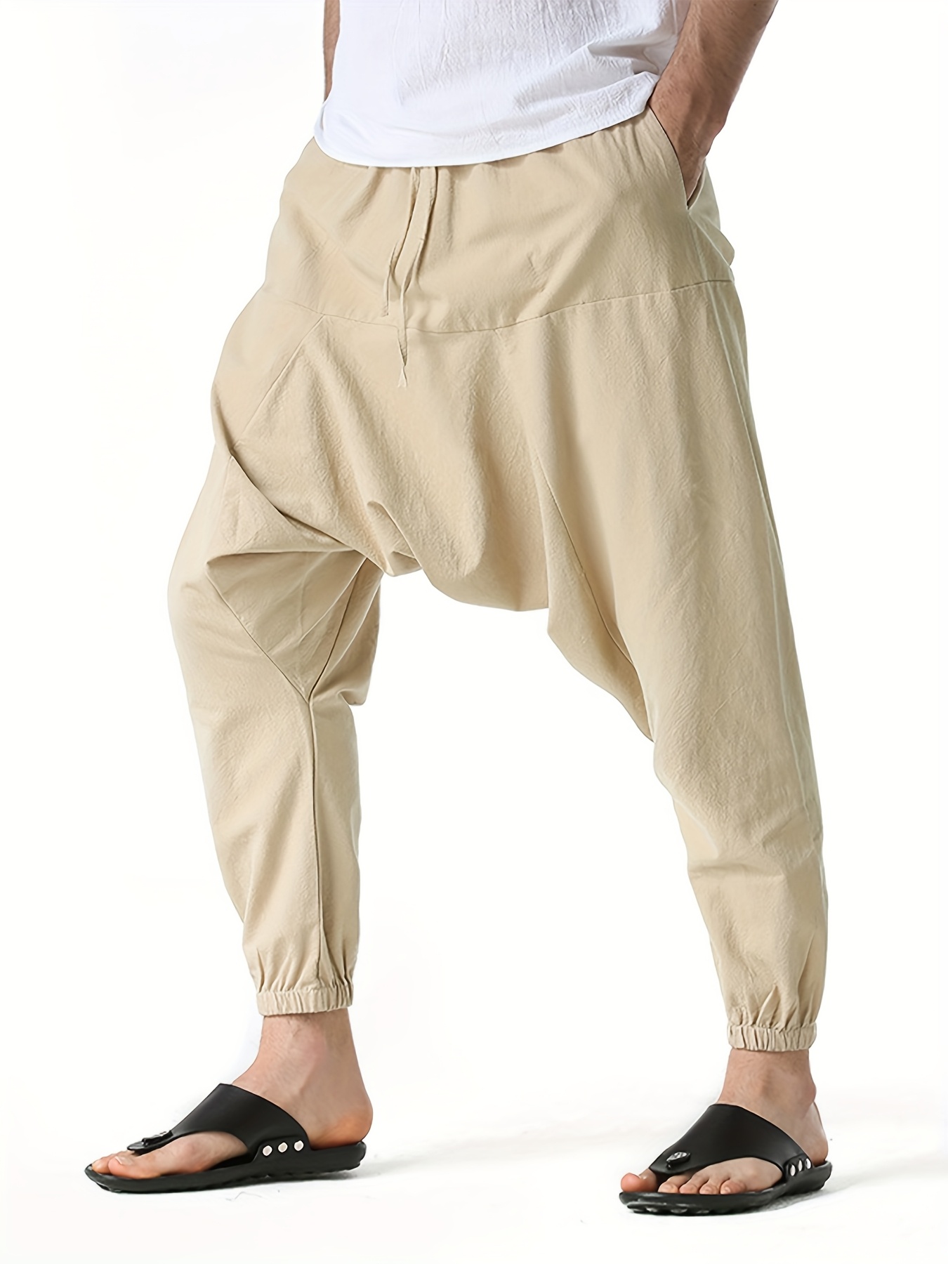 Pantalon Harem Homme Coton Lin Pantalon Harem Homme en Coton et Lin - Taille Oversize à Jambes Larges avec Entrejambe Tombant, Coupe Décontractée Sans Ceinture (S-XXXL) | Tissu Respirant pour Printemps/Automne, Tenue Décontractée et Extérieure | Pantalon Harem Style Bohème à Taille Moyenne pour Homme