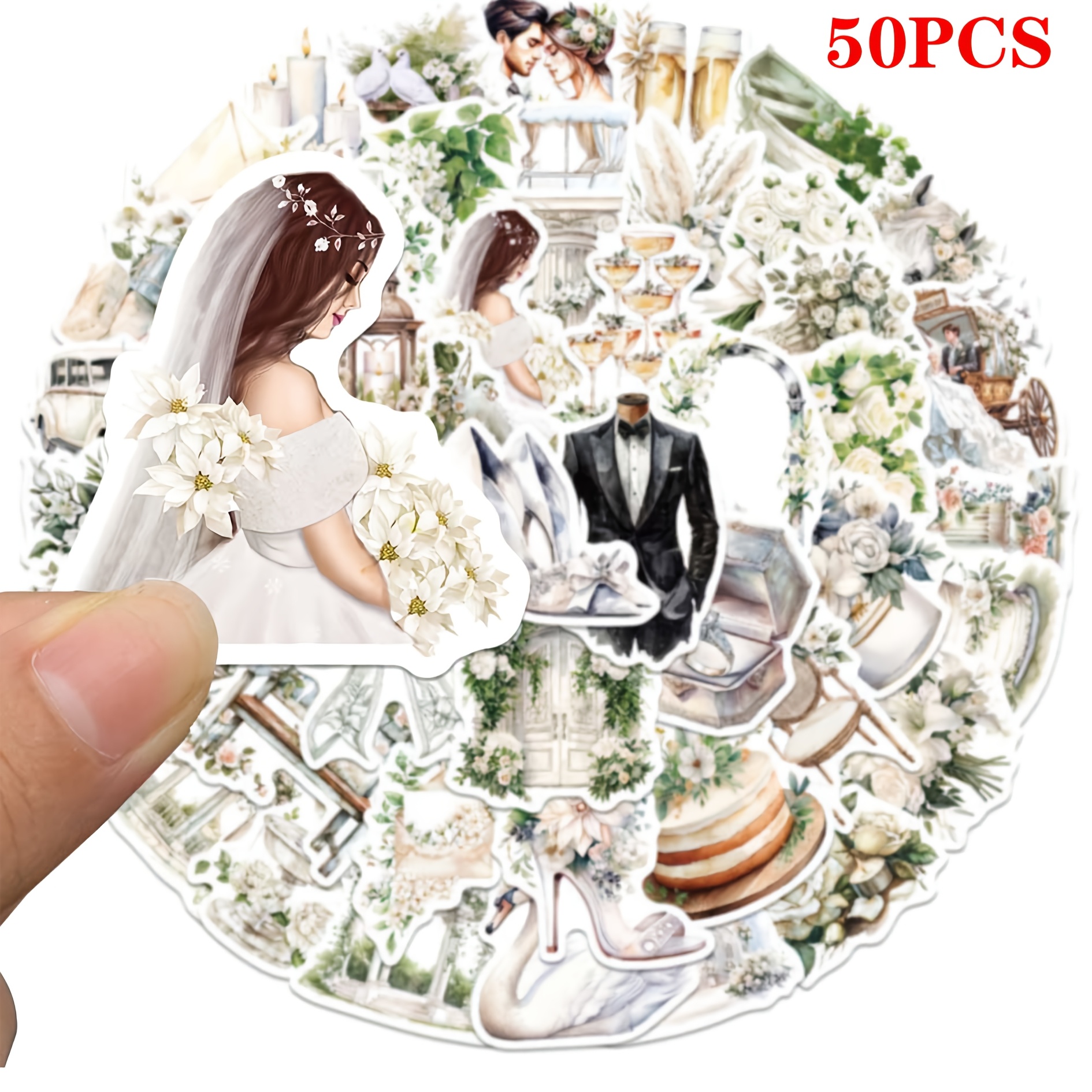Image of 50/100pcs Vintage Floral White Wedding Stickers, Creative Diy Decals, Perfect For Decorating Phones, Laptops, Water Bottles And More