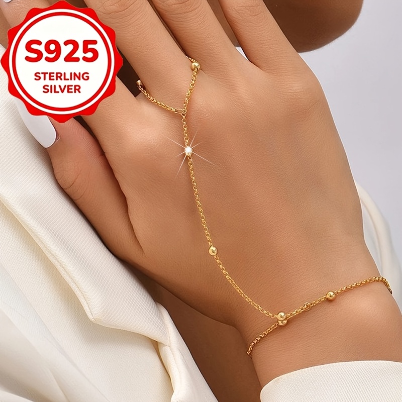 Women's S925 Silver Round Bead Chain Ring Bracelet, Minimalist Style