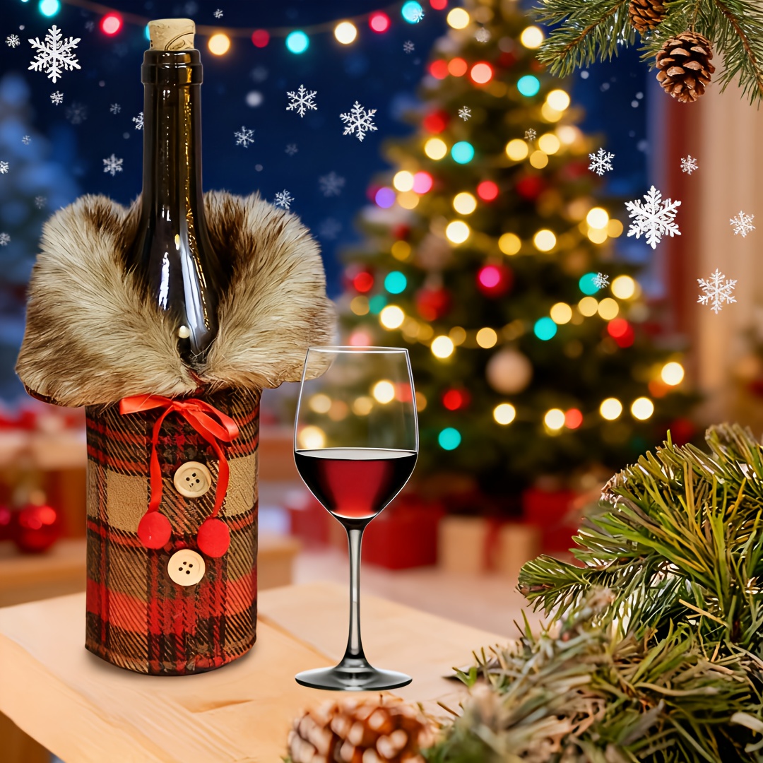 A Set of 2 Festive Wine Covers with Plush Collars, Perfect for Table Decoration, Holiday Party Attire for Wine s, Red Wine Covers, And a Gift Set for Wine That Enhances Dining Table Decor, Complete with Bow Decorations - Ideal fo