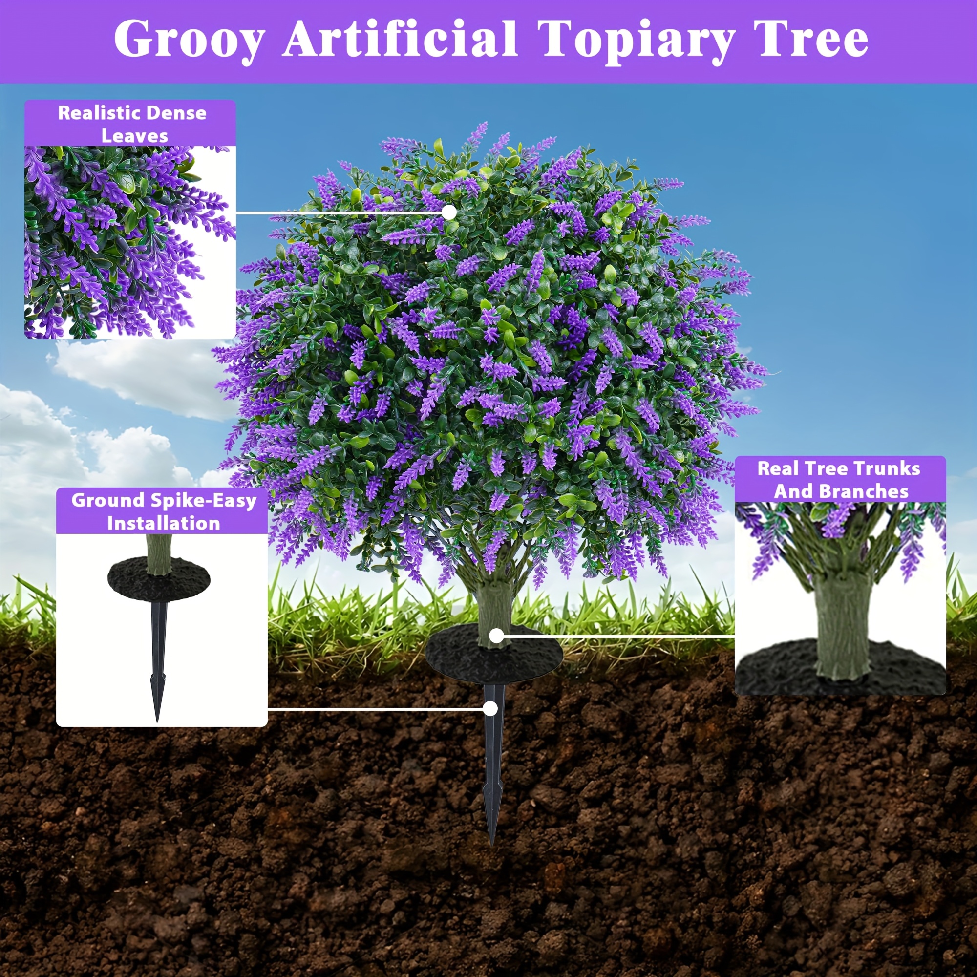 2 pack artificial boxwood topiary ball with lavender set of 2 artificial shrub bushes with ground spike     for porch artificial plants for outdoor planters indoor Product details 1