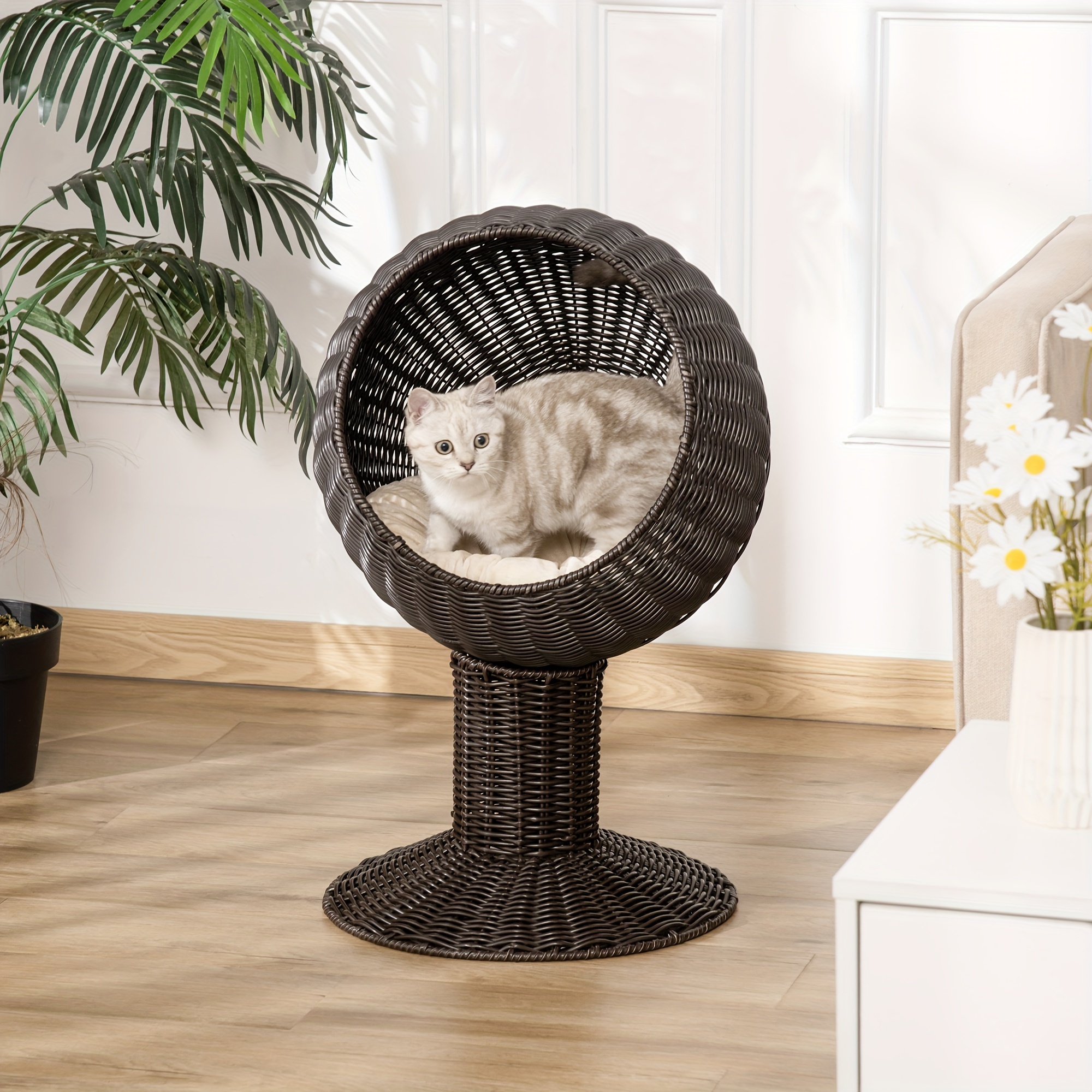 

Pawhut Elevated Cat Bed With Rotatable Egg Chair Pod, Cat Basket Bed With Thick Cushion, Grass Woven Kitty House, Coffee