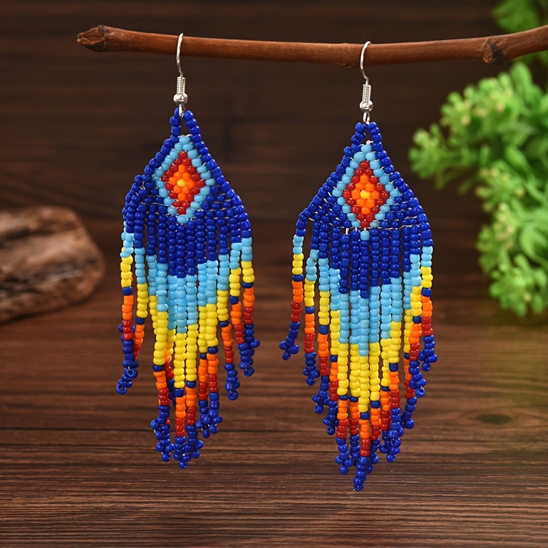 TEMU Pendientes de cuentas con borlas geométricas de estilo para mujer, hechos a con variaciones de color y