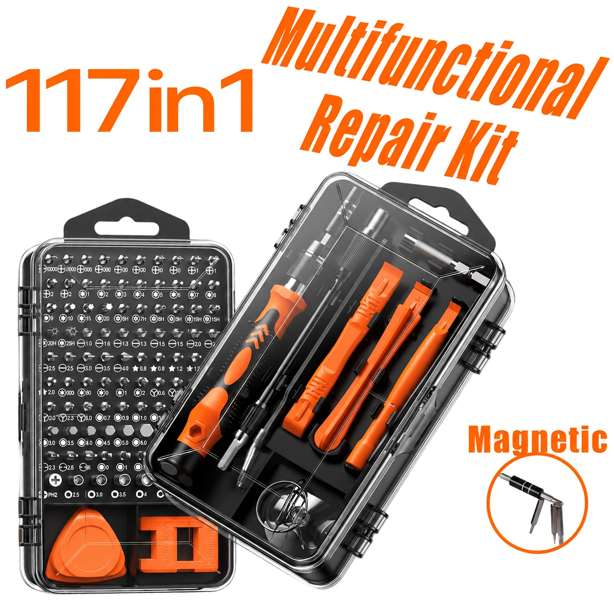 a 117 in 1 multifunction screwdriver set that allows for precise disassembly and can handle everything from phones to computers and watches   it     repair needs with strong magnetic bits and a non slip handle Product details 1