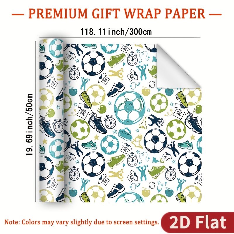 TEMU 1 Roll 2d Flat Football Theme Wrapping Paper Gift Highlighted Packaging Paper - With Blue, Green, Yellow Soccer Balls, Sports Shoes, Timers, And