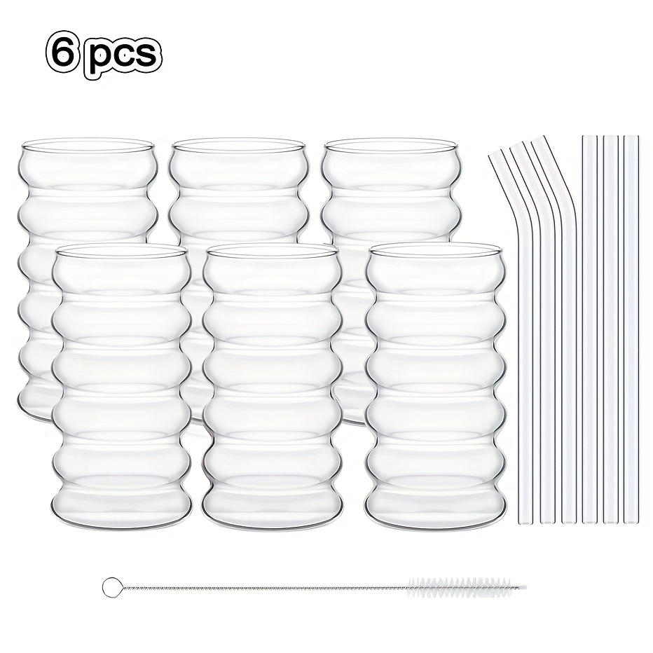 E-shop 2/6 Stück gerippte Trinkbecher aus Glas mit 420 ml/14 oz Fassungsvermögen, Bürste und Strohhalm, Vintage Japanische - und Blasenbecher, geeignet