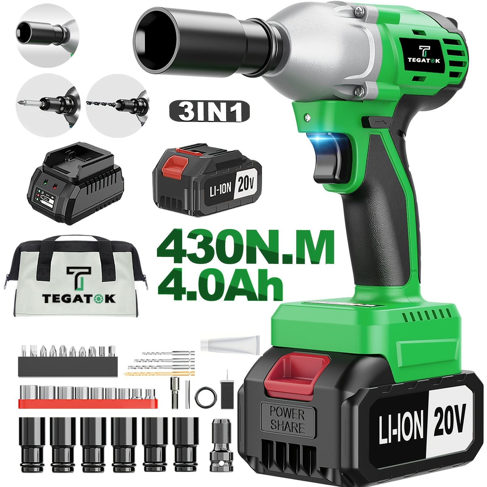 20v 4000mah cordless impact wrench drill set 3 in 1