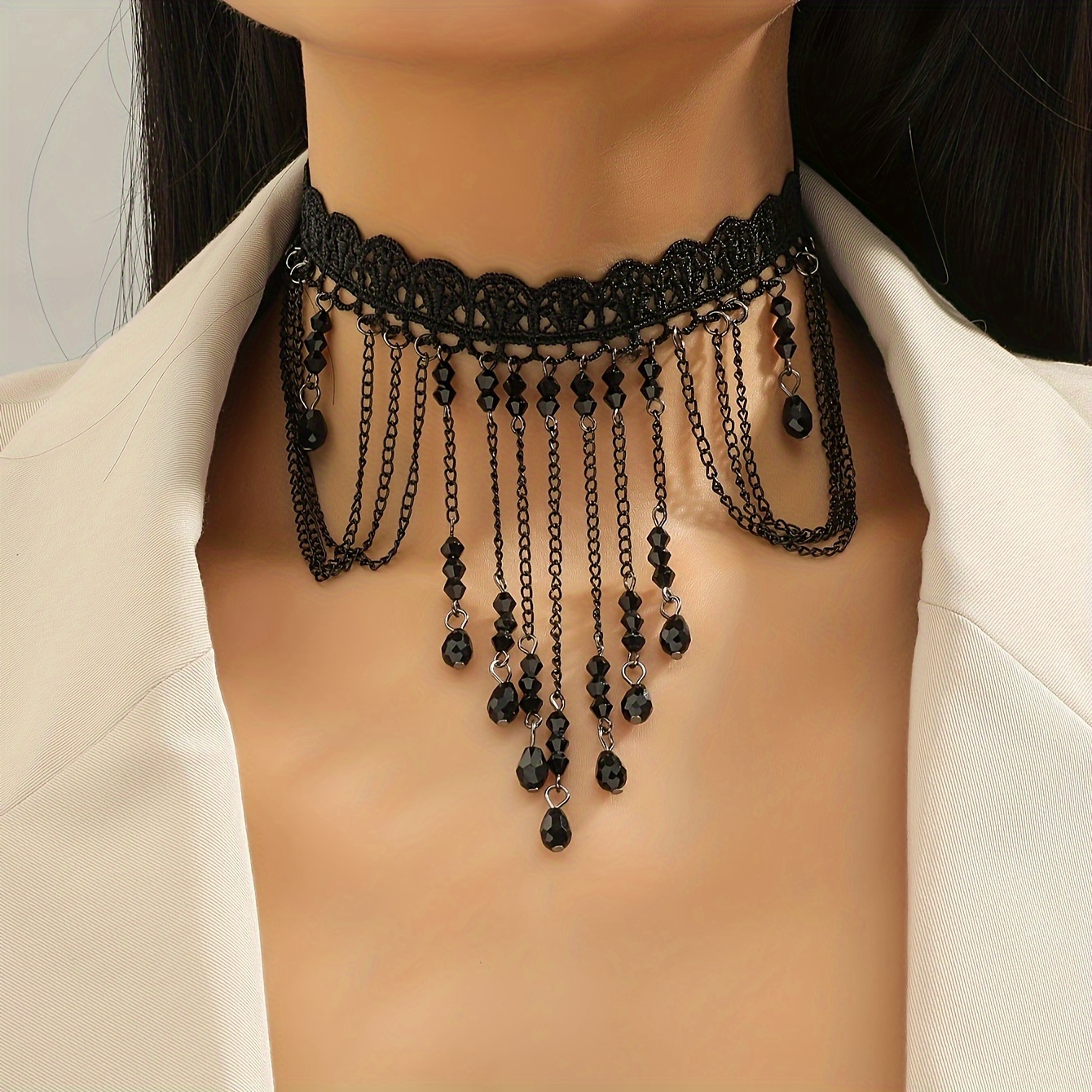 

Vintage-inspired Lace Choker Necklace With Black Beaded Tassels - Perfect For Everyday Wear