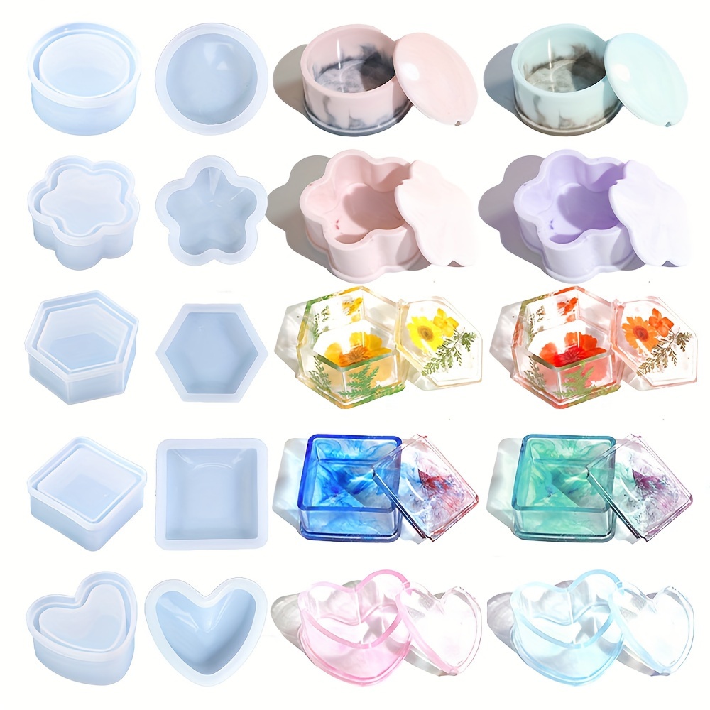 Image of 5pcs Box Resin Molds, Jewelry Box Molds, Heart Shaped Silicone Molds, Hexagonal Round Storage Boxes, Square Epoxy Resin Molds, Plum Storage Boxes Used To Make Resin Molds