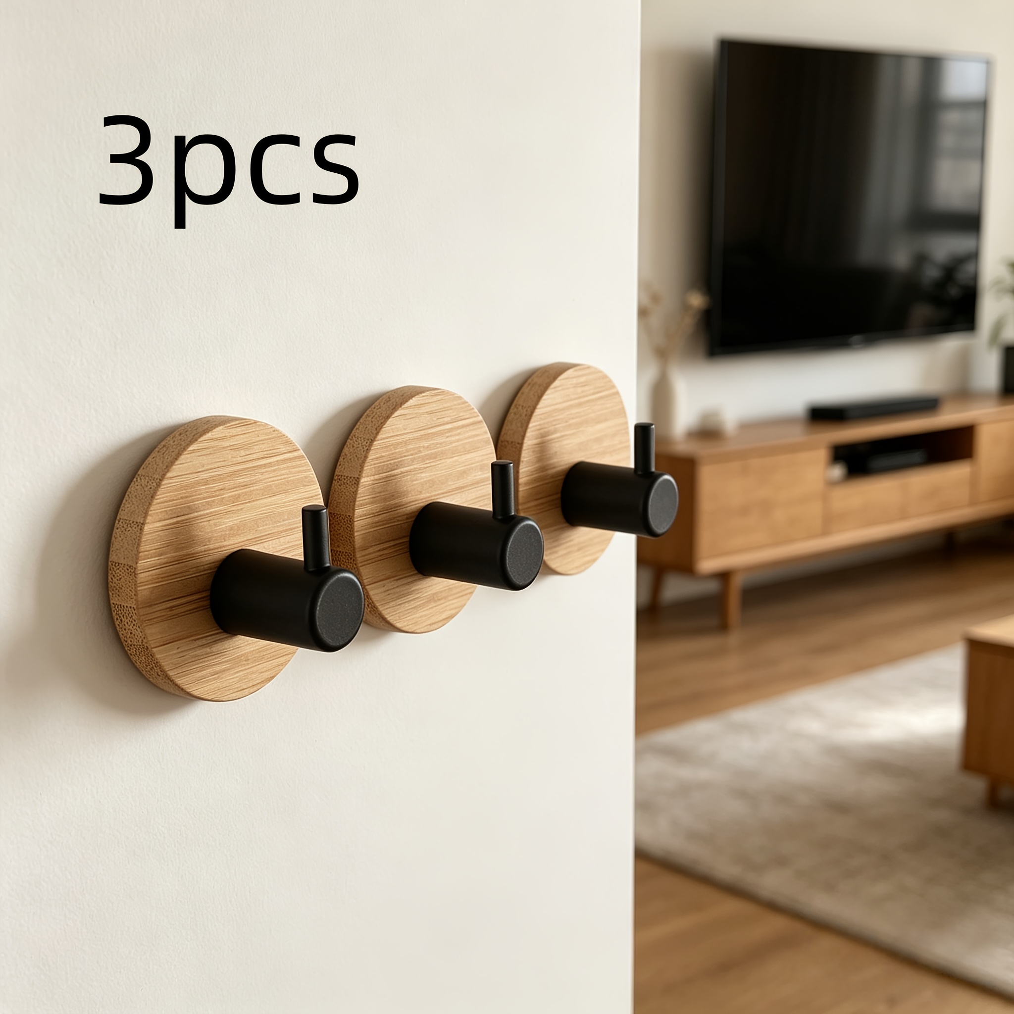 3-pack No-drill Simple Round Bamboo Wood Base Clothes Hooks, Strong Adhesive Hooks For Hats And Accessories Storage, Utility Hooks
