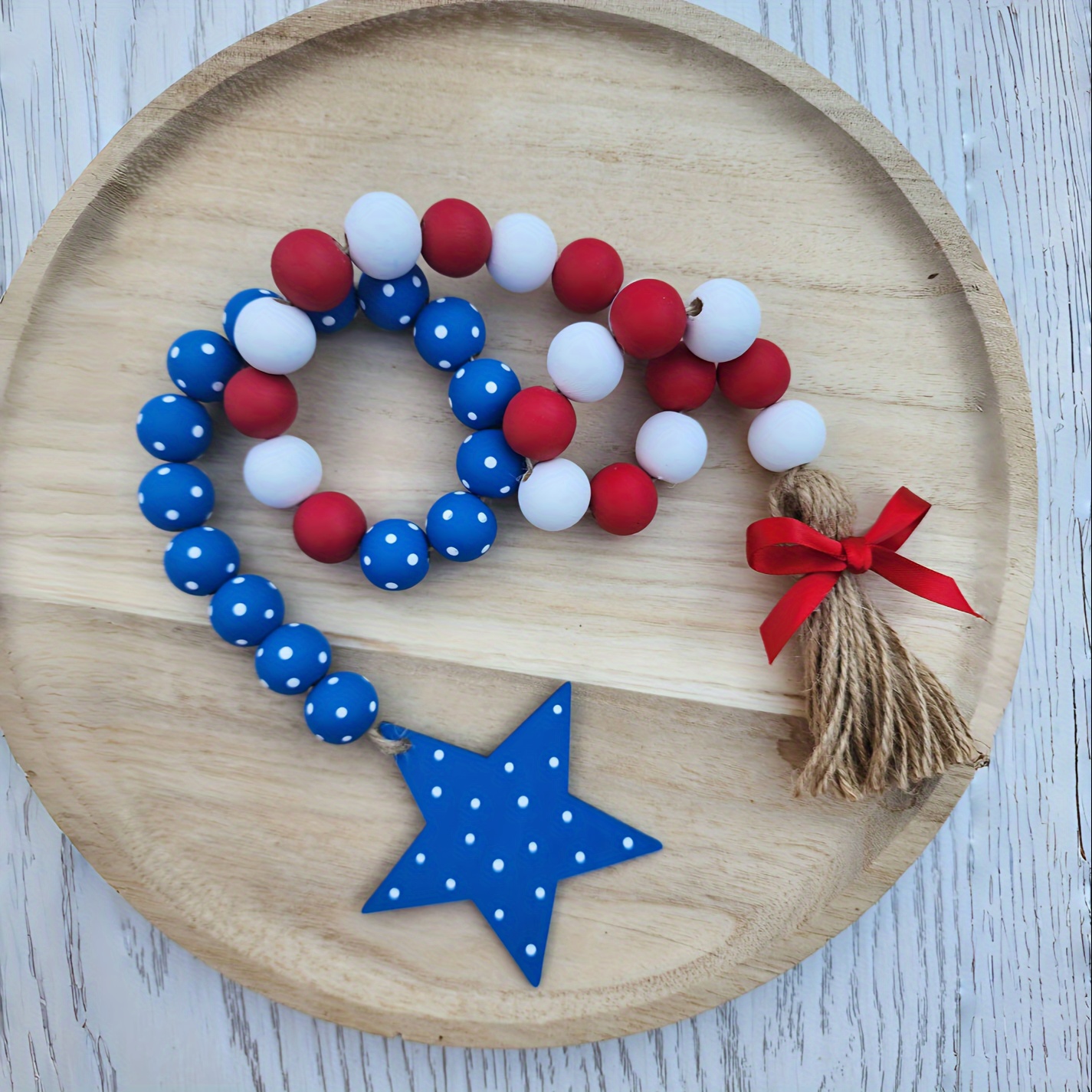 

1pc, Wooden Farmhouse Wreath With Layered Trays Of Red, White, And Blue Beads On July 4th, A Decorative Ornament For Independence Day.