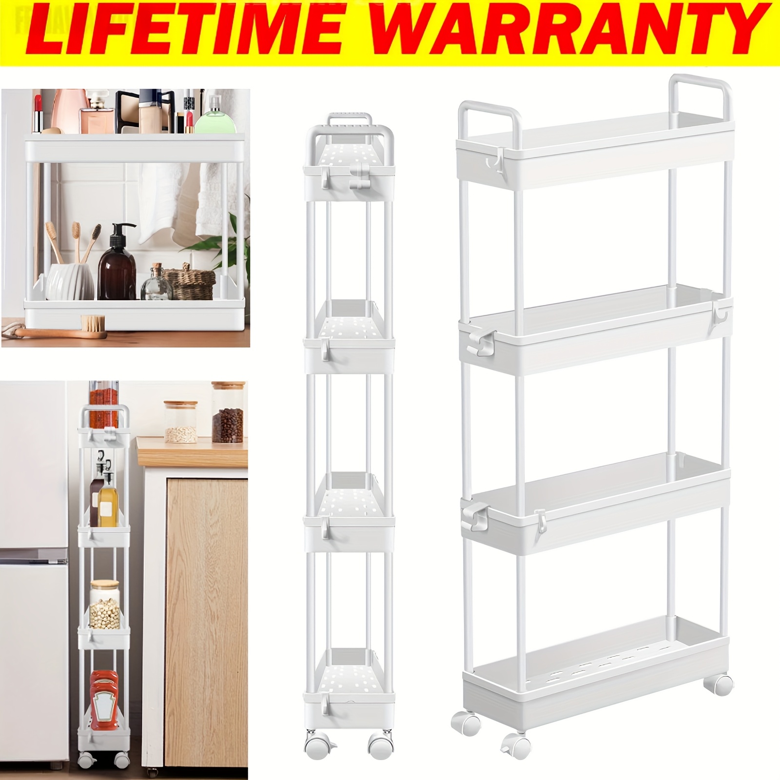 Image of 4 Tier Rolling Trolley, Kitchen Storage Trolley With , Shelf, Bathroom Shelf, White, Narrow, Multifunctional Kitchen Trolley, Slim With 11 Hooks, 360° Universal Wheel For Office, Living Room