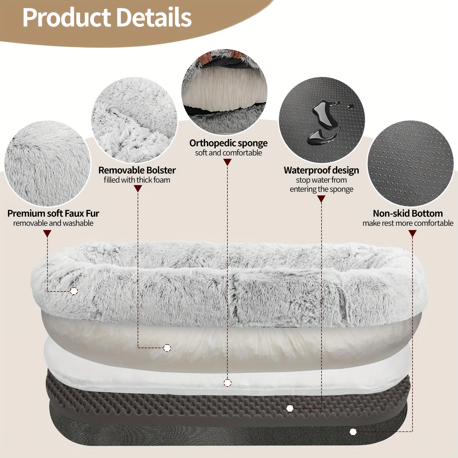 71 x45 x12 orthopedic dog bed for humans & pets - washable   fur oval pet bed with plush pillow & strap, no assembly needed, durable polyester, gray - medium dogs, cozy nap & resting spot, pet bed for dogs,   decor, elegant pet accessory, soft texture surface Product details 0