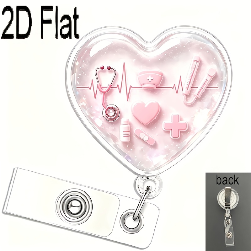 TEMU 2d 2d Flat/1pc/2pcs/3pcs Medical-style Iridescent Id Card Holder With Alligator Clip, Heart-shaped Acrylic Retractable Badge Reel, Suitable For
