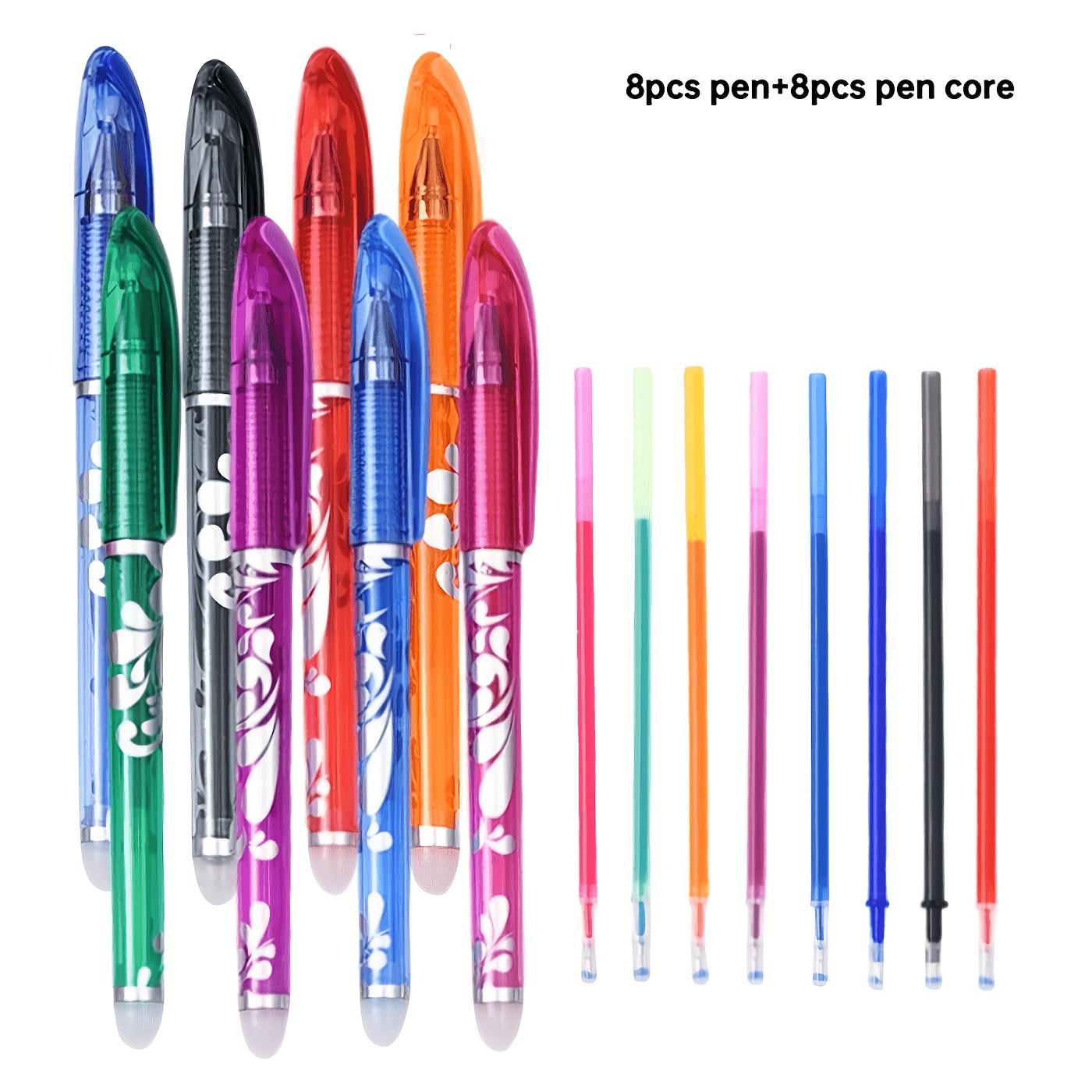 TEMU Ensemble de 16 stylos effaçables de couleur, pointe fine de 0,5 mm, gomme intégrée, 8 stylos et 8 recharges, stylos de couleur pour le dessin et