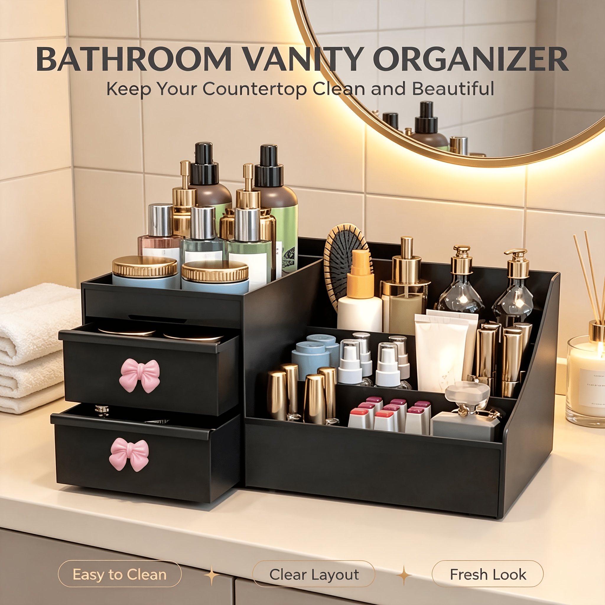 TEMU 3pcs/set (drawer Organizer/1pc And Bow/2pcs) Large Capacity Drawer-style Cosmetic Organizer Plastic Cosmetic Storage Box Lipstick Holder Office