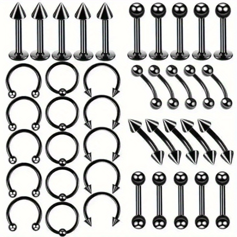 Image of 40pcs 304 304 Stainless Steel Eyebrow Nails, Tongue Nails, Lip Nails, Nose Rings, Ear Studs, Body Piercing Jewelry Set