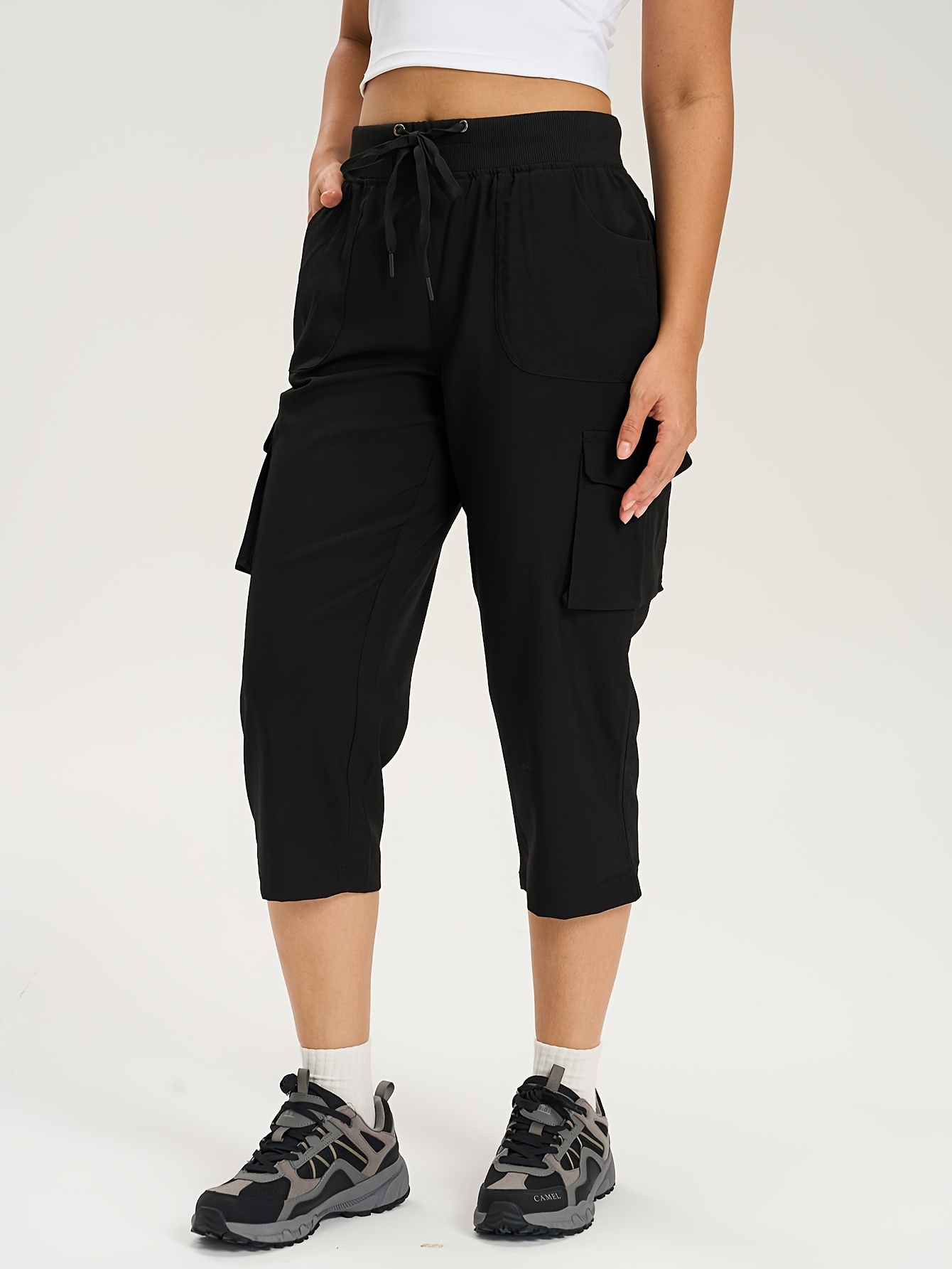 ★CERRIC★WAIST STRING CAPRI CARGO PANTS★1897★Black★人気 women's high waisted cargo capri pants lightweight stretch