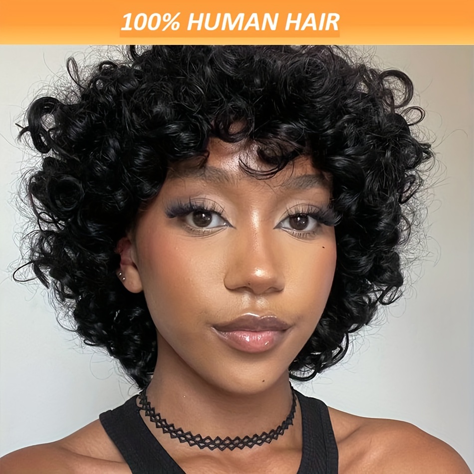 

Loose Curly Short Bob Wig For Women, 10 Inch 100% Human Hair, Rose Net Cap, Machine Made, Natural Black Pixie Cut, 180% Density, Basics Style - For African Women