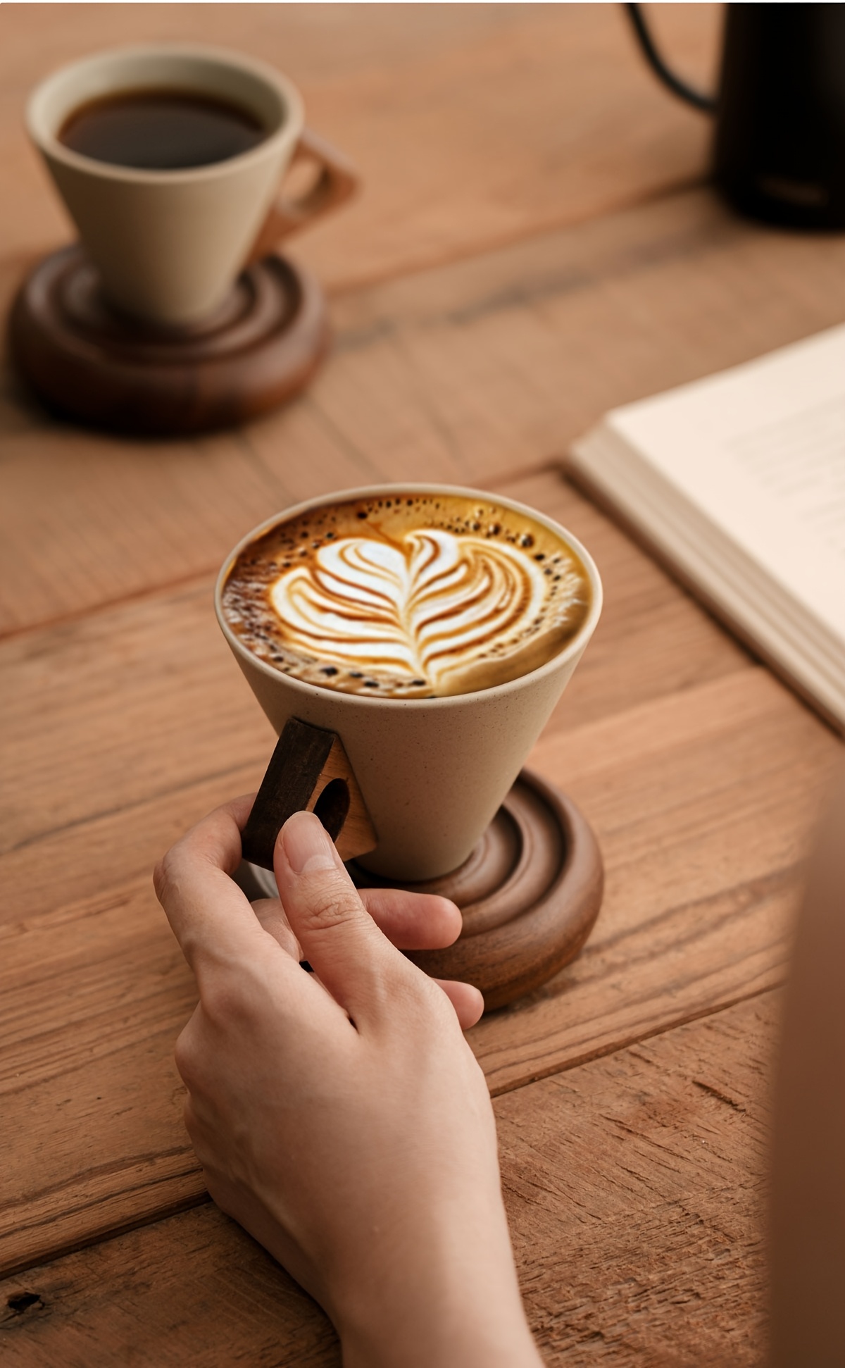 1 Thick Ceramic Handmade Coffee Cup with Wide Spout, Funnel Shape and Genuine Wooden Handle & Coaster Set for High-End Home Office Café Use - Ideal as a Present
