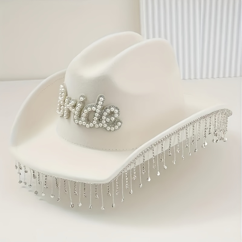 TEMU Lussuoso cappello da cowboy "Bride" con strass e nappa, Fedora da sposa a tema western in poliestere per addii al nubilato, di fine e speciali,