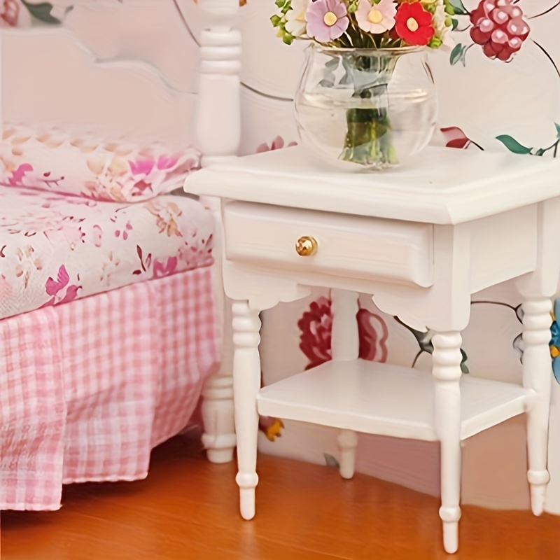 

Mini 1:12 White Mini Bedroom Furnishing Articles Wooden Bedside Table Model