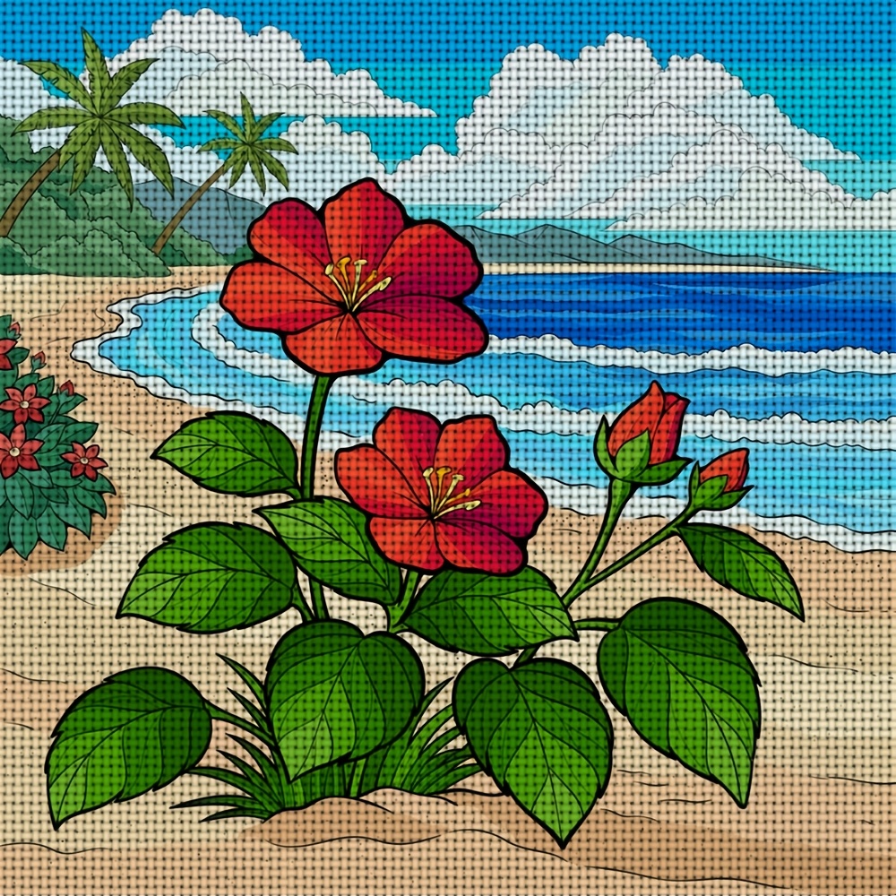 Frameless Cross Stitch Printed Kit, Beach Red Flower Landscape Design